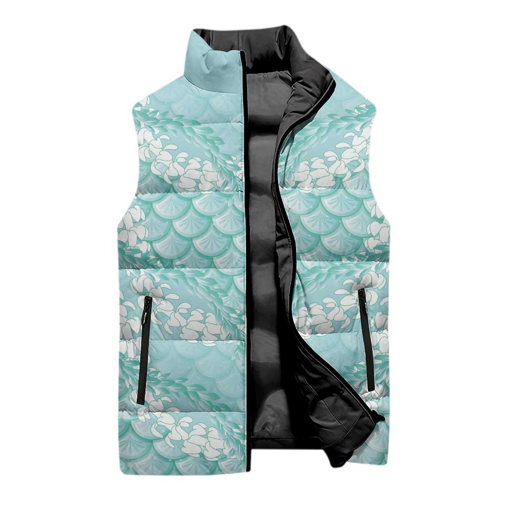 Light Turquoise Mermaid Puakenikeni Maile Lei Sleeveless Puffer Jacket