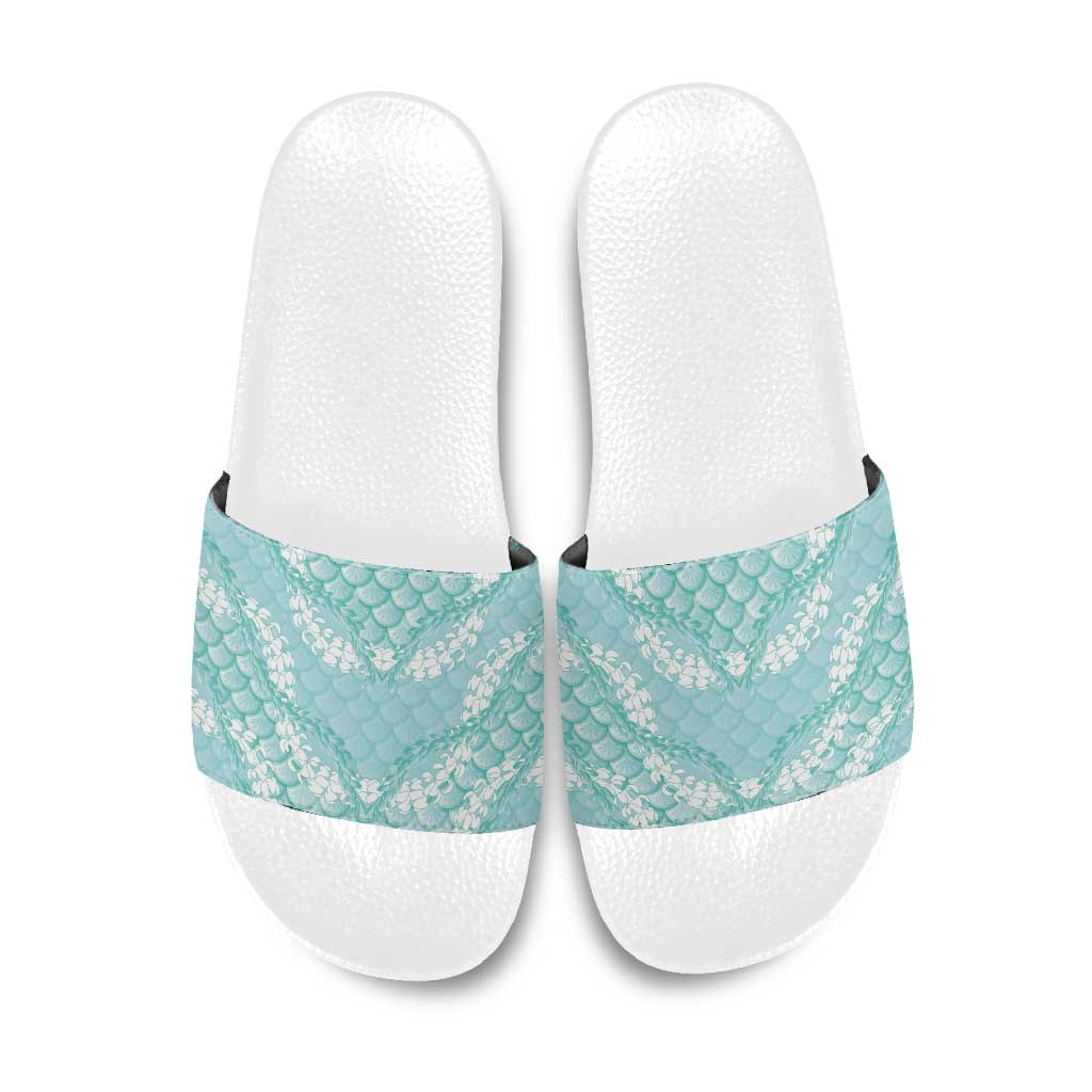 Light Turquoise Mermaid Puakenikeni Maile Lei Slide Sandals