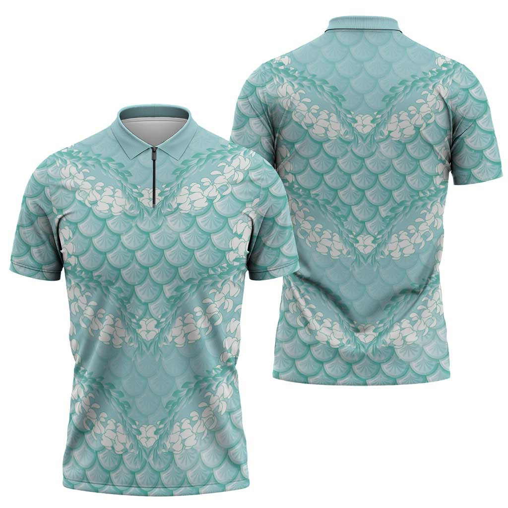 Light Turquoise Mermaid Puakenikeni Maile Lei Zipper Polo Shirt