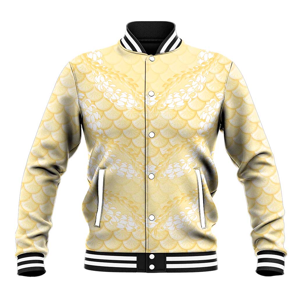Pastel Yellow Mermaid Puakenikeni Maile Lei Baseball Jacket