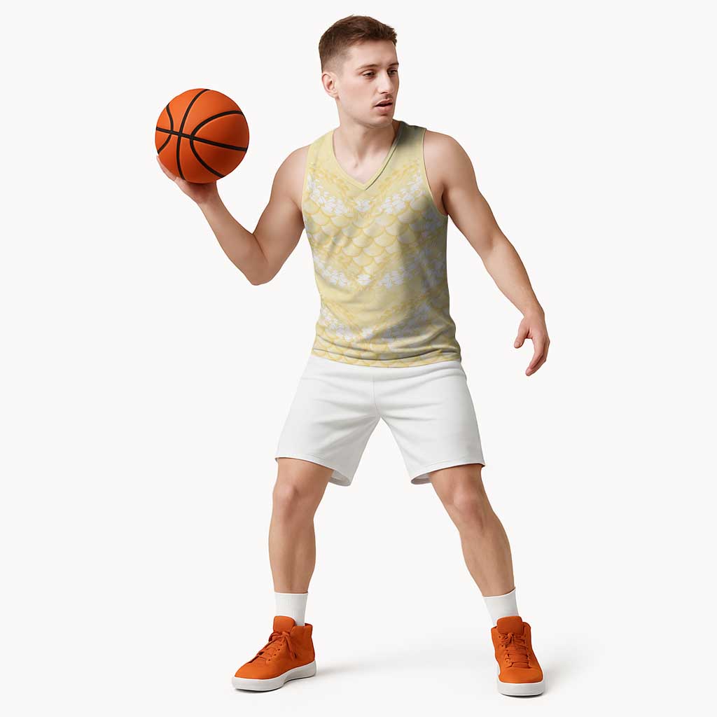 Pastel Yellow Mermaid Puakenikeni Maile Lei Basketball Jersey