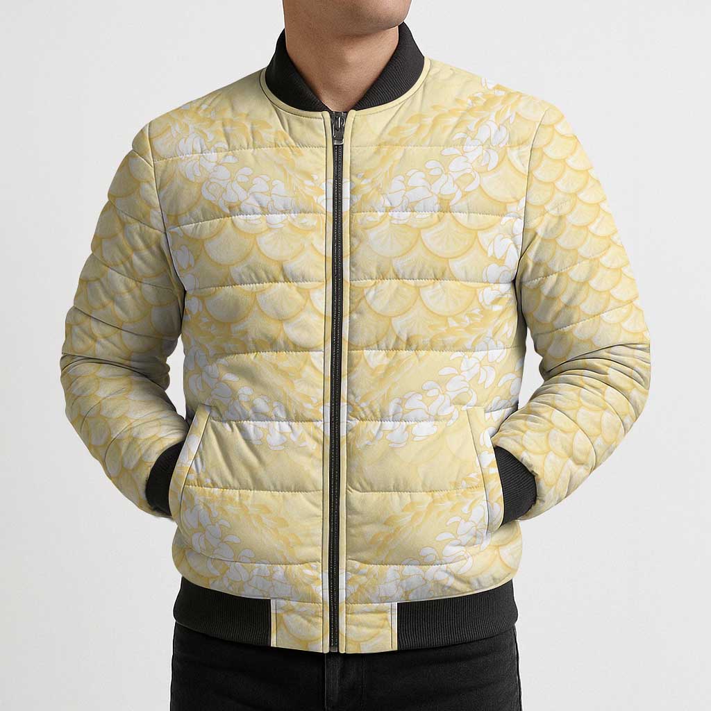 Pastel Yellow Mermaid Puakenikeni Maile Lei Bomber Puffer Jacket