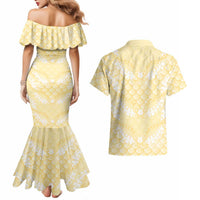 Pastel Yellow Mermaid Puakenikeni Maile Lei Couples Matching Mermaid Dress and Hawaiian Shirt LT01 - Polynesian Pride