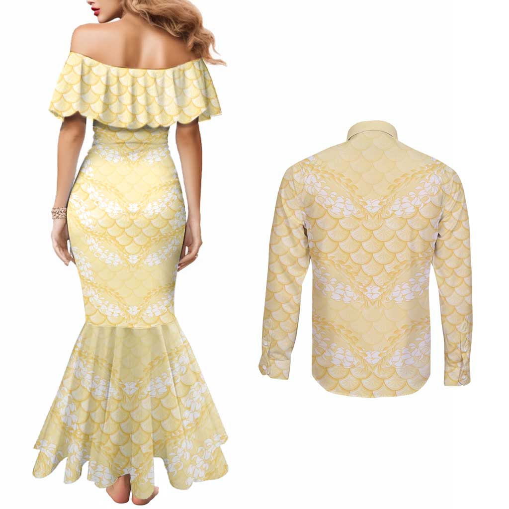 Pastel Yellow Mermaid Puakenikeni Maile Lei Couples Matching Mermaid Dress and Long Sleeve Button Shirt LT01 - Polynesian Pride