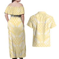 Pastel Yellow Mermaid Puakenikeni Maile Lei Couples Matching Off Shoulder Maxi Dress and Hawaiian Shirt LT01 - Polynesian Pride