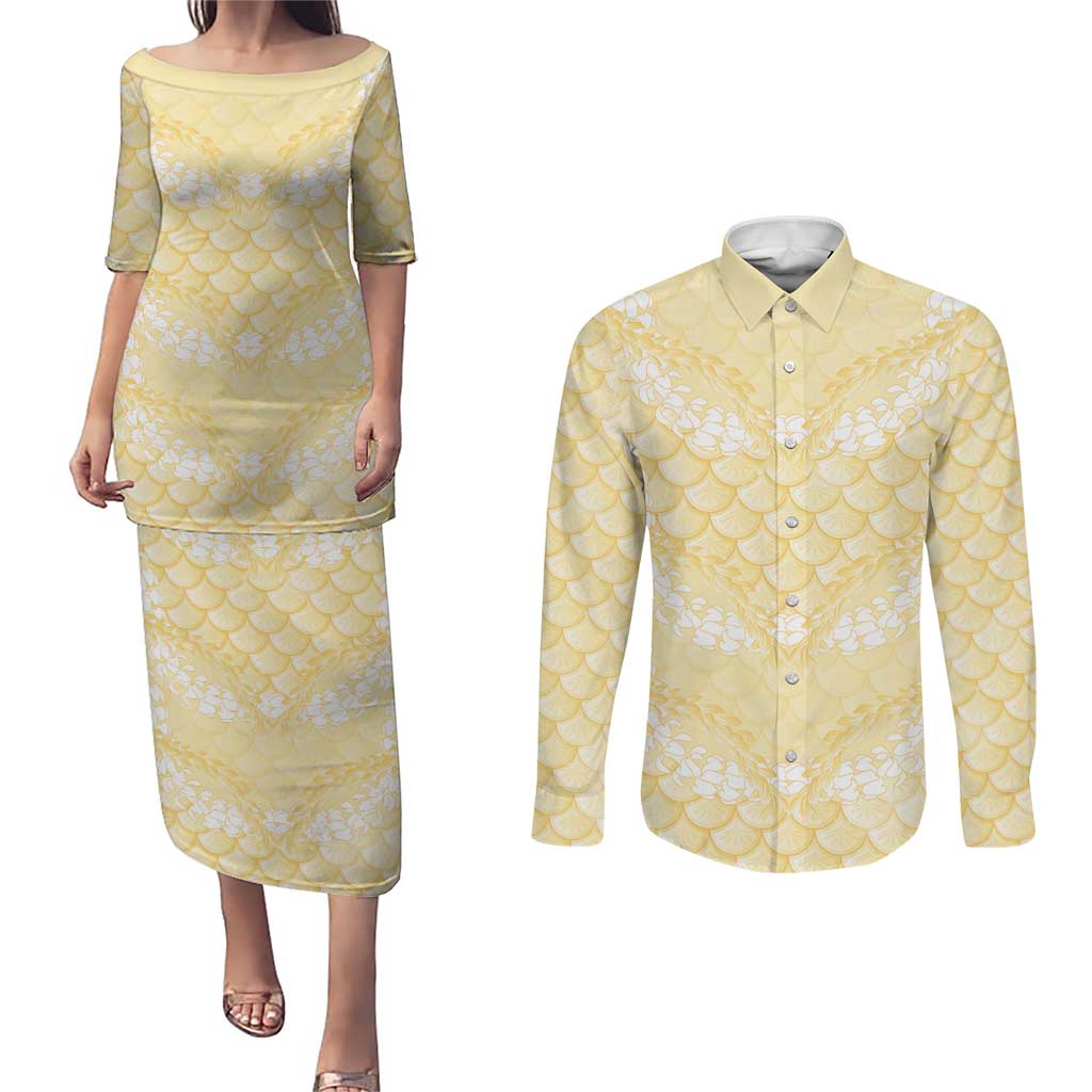 Pastel Yellow Mermaid Puakenikeni Maile Lei Couples Matching Puletasi and Long Sleeve Button Shirt