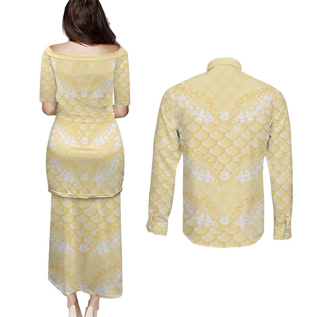 Pastel Yellow Mermaid Puakenikeni Maile Lei Couples Matching Puletasi and Long Sleeve Button Shirt