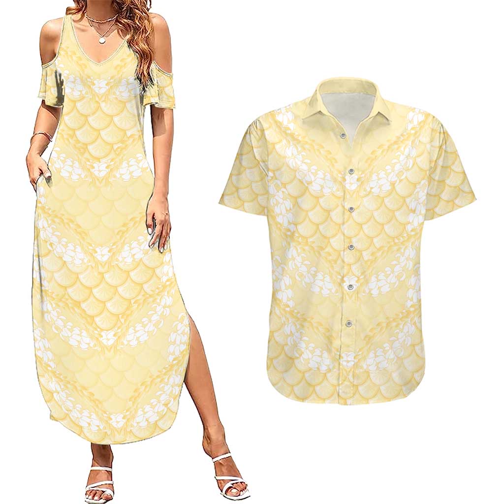 Pastel Yellow Mermaid Puakenikeni Maile Lei Couples Matching Summer Maxi Dress and Hawaiian Shirt LT01 Yellow - Polynesian Pride