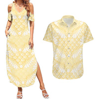 Pastel Yellow Mermaid Puakenikeni Maile Lei Couples Matching Summer Maxi Dress and Hawaiian Shirt LT01 Yellow - Polynesian Pride