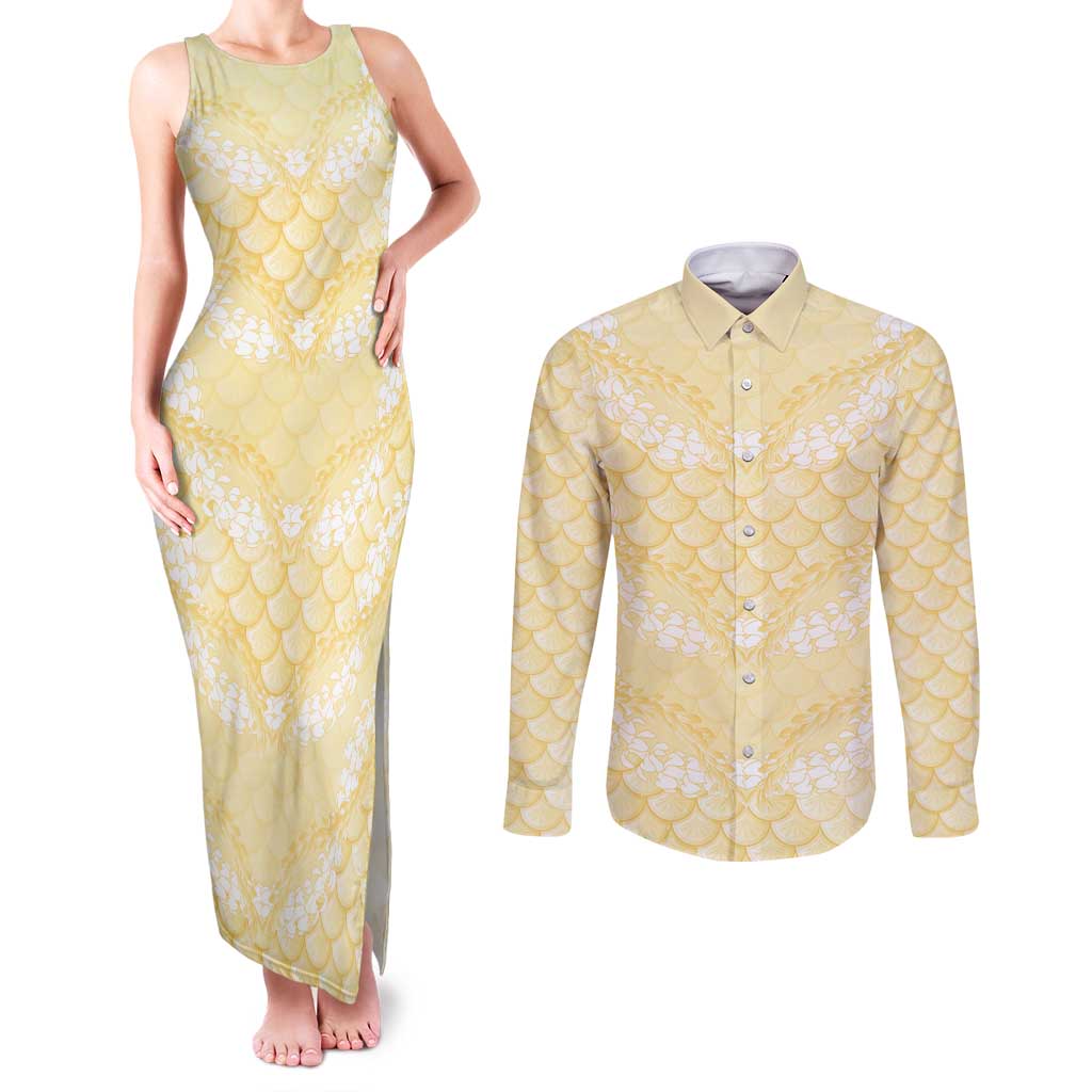 Pastel Yellow Mermaid Puakenikeni Maile Lei Couples Matching Tank Maxi Dress and Long Sleeve Button Shirt