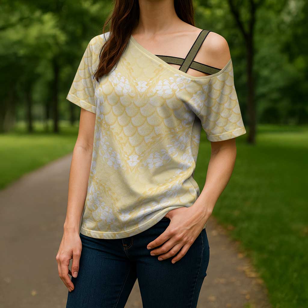 Pastel Yellow Mermaid Puakenikeni Maile Lei Cross Shoulder Shirt