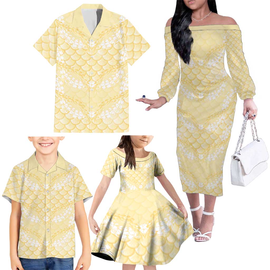Pastel Yellow Mermaid Puakenikeni Maile Lei Family Matching Off The Shoulder Long Sleeve Dress and Hawaiian Shirt