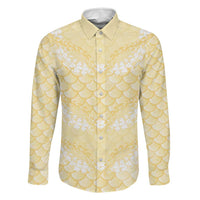 Pastel Yellow Mermaid Puakenikeni Maile Lei Family Matching Off Shoulder Maxi Dress and Hawaiian Shirt LT01 Dad's Shirt - Long Sleeve Yellow - Polynesian Pride