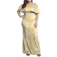 Pastel Yellow Mermaid Puakenikeni Maile Lei Family Matching Off Shoulder Maxi Dress and Hawaiian Shirt LT01 Mom's Dress Yellow - Polynesian Pride