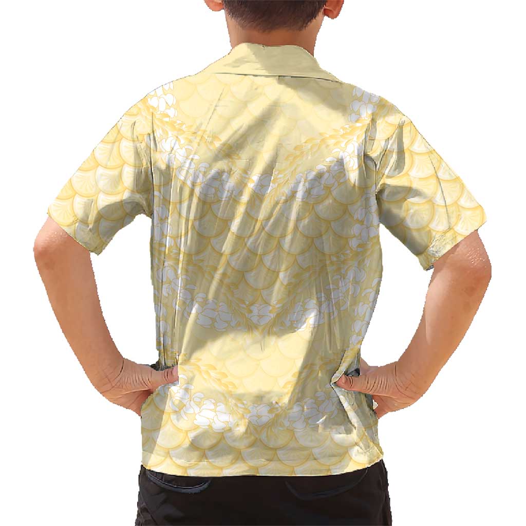 Pastel Yellow Mermaid Puakenikeni Maile Lei Family Matching Off Shoulder Short Dress and Hawaiian Shirt LT01 - Polynesian Pride