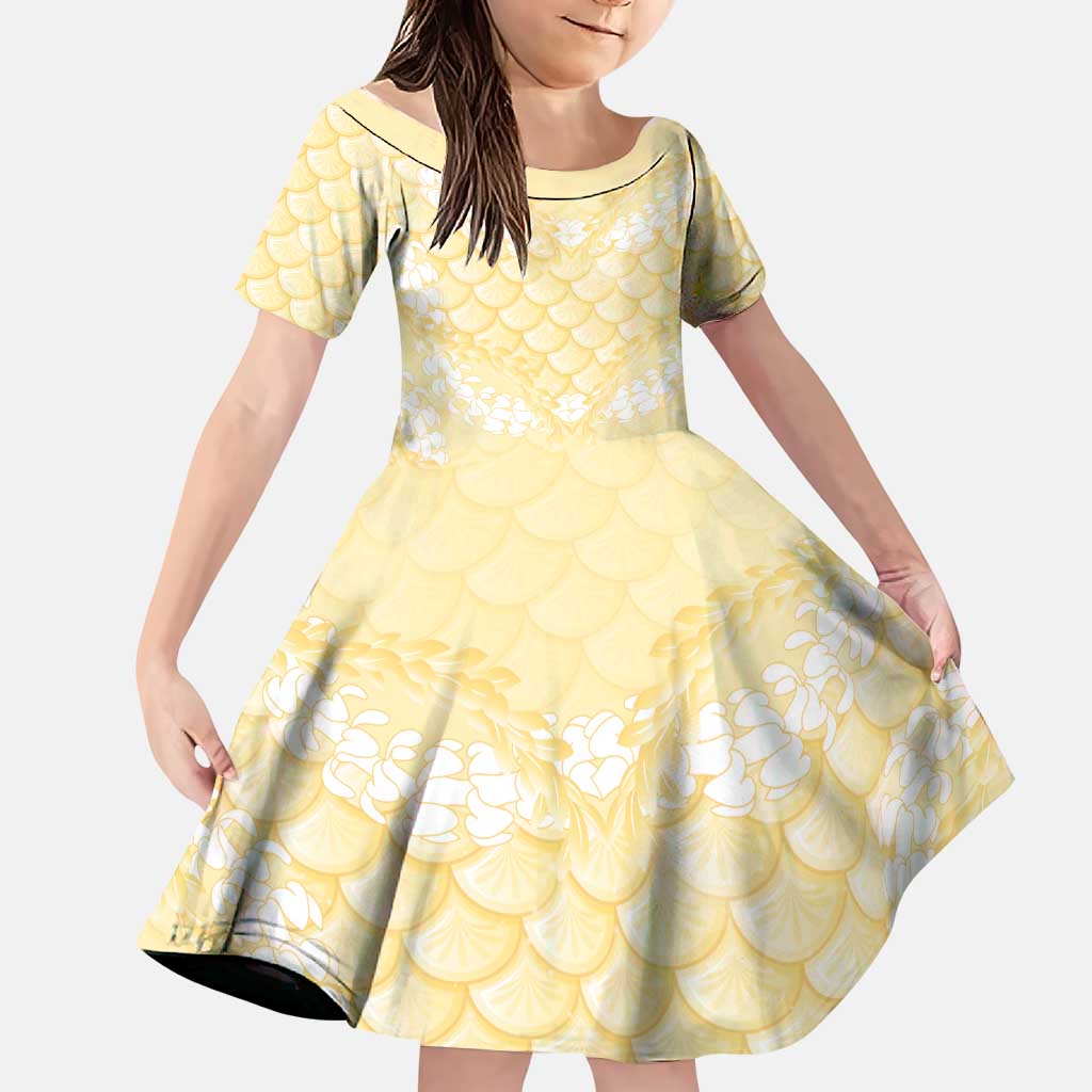 Pastel Yellow Mermaid Puakenikeni Maile Lei Family Matching Off Shoulder Short Dress and Hawaiian Shirt LT01 Daughter's Dress Yellow - Polynesian Pride