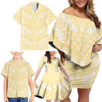 Pastel Yellow Mermaid Puakenikeni Maile Lei Family Matching Off Shoulder Short Dress and Hawaiian Shirt LT01 - Polynesian Pride