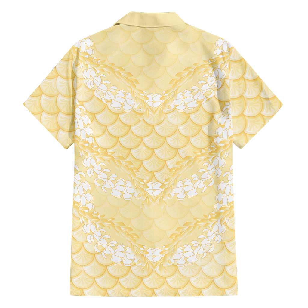 Pastel Yellow Mermaid Puakenikeni Maile Lei Family Matching Off Shoulder Short Dress and Hawaiian Shirt LT01 - Polynesian Pride