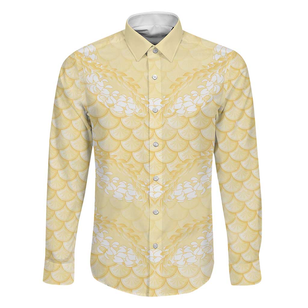 Pastel Yellow Mermaid Puakenikeni Maile Lei Family Matching Off Shoulder Short Dress and Hawaiian Shirt LT01 Dad's Shirt - Long Sleeve Yellow - Polynesian Pride