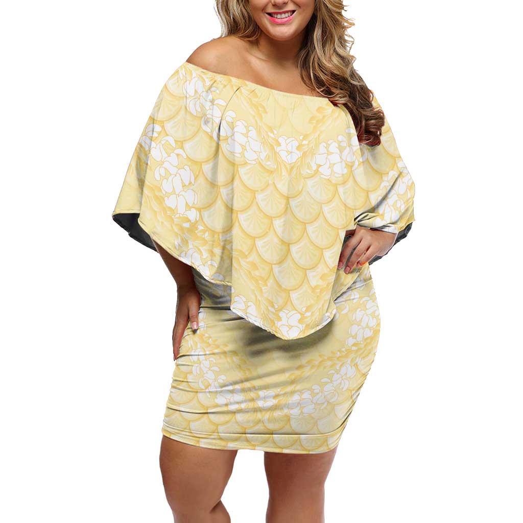 Pastel Yellow Mermaid Puakenikeni Maile Lei Family Matching Off Shoulder Short Dress and Hawaiian Shirt LT01 Mom's Dress Yellow - Polynesian Pride