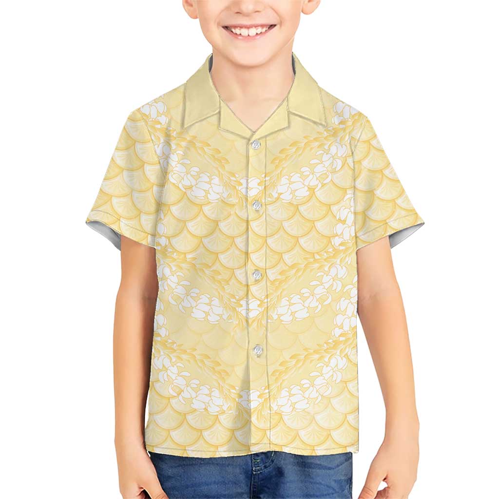 Pastel Yellow Mermaid Puakenikeni Maile Lei Kid Hawaiian Shirt