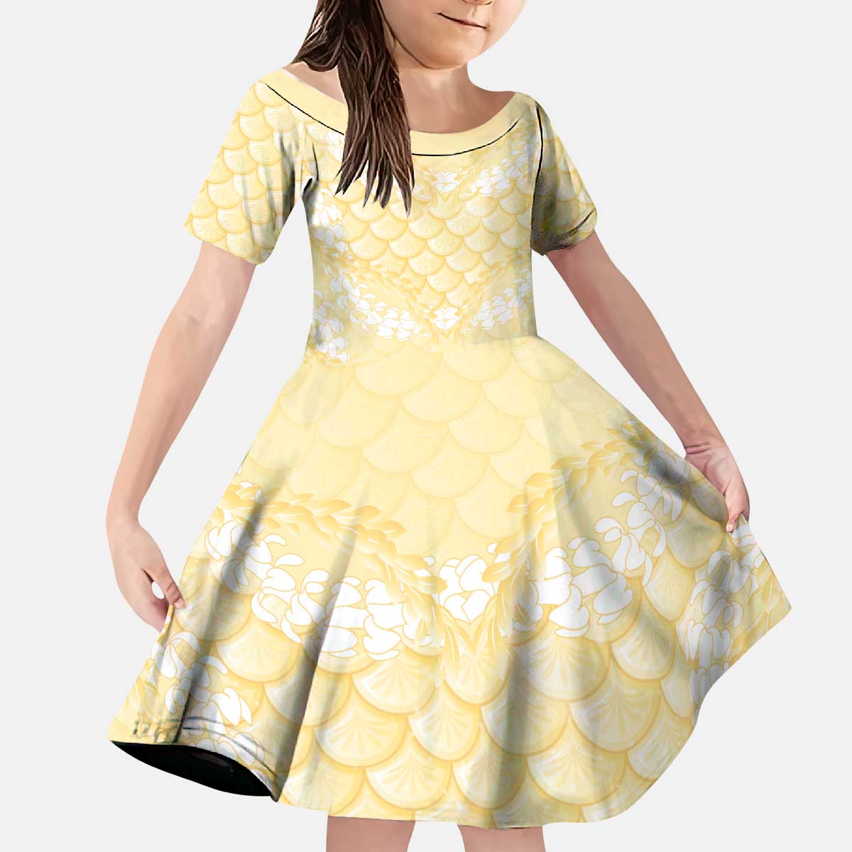 Pastel Yellow Mermaid Puakenikeni Maile Lei Kid Short Sleeve Dress