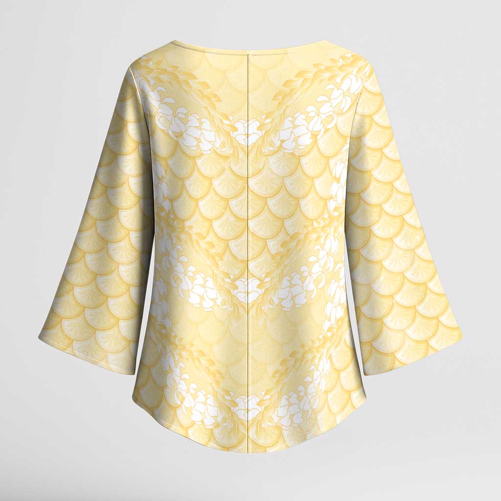 Pastel Yellow Mermaid Puakenikeni Maile Lei Kimono Sleeve Blouse
