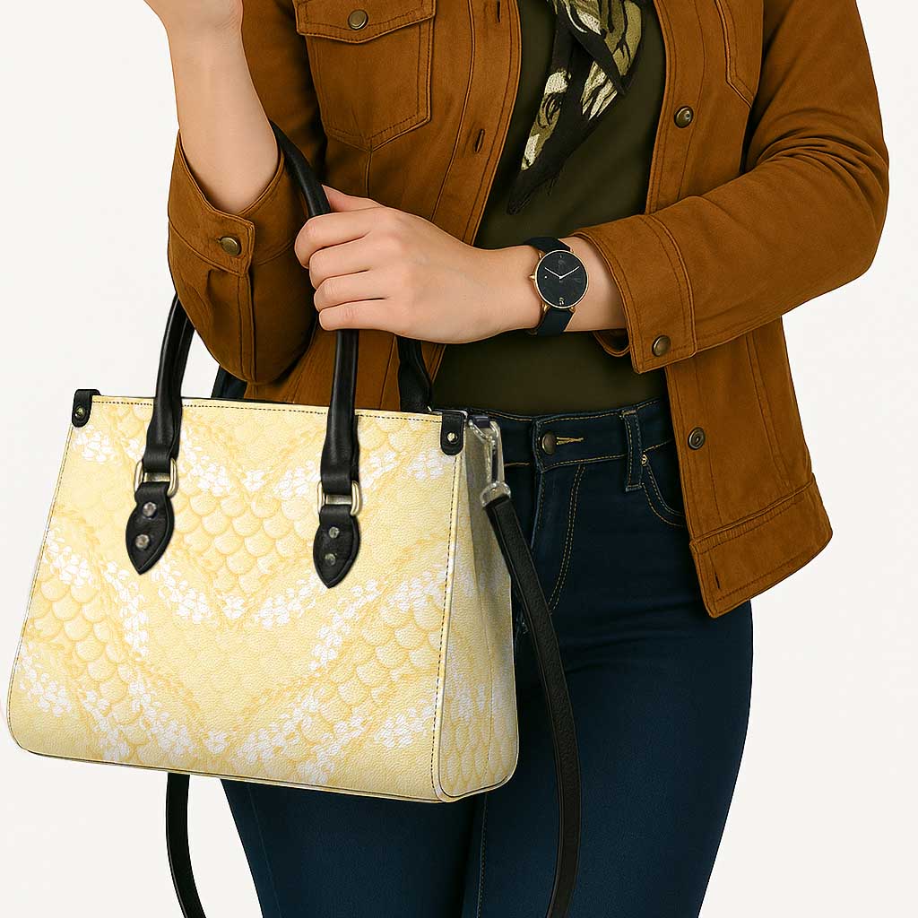 Pastel Yellow Mermaid Puakenikeni Maile Lei Leather Bag