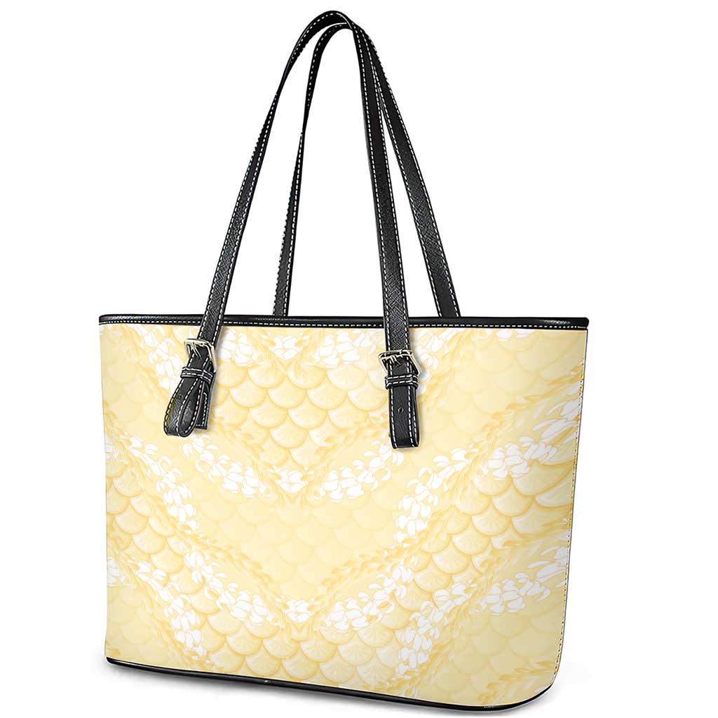 Pastel Yellow Mermaid Puakenikeni Maile Lei Leather Tote Bag