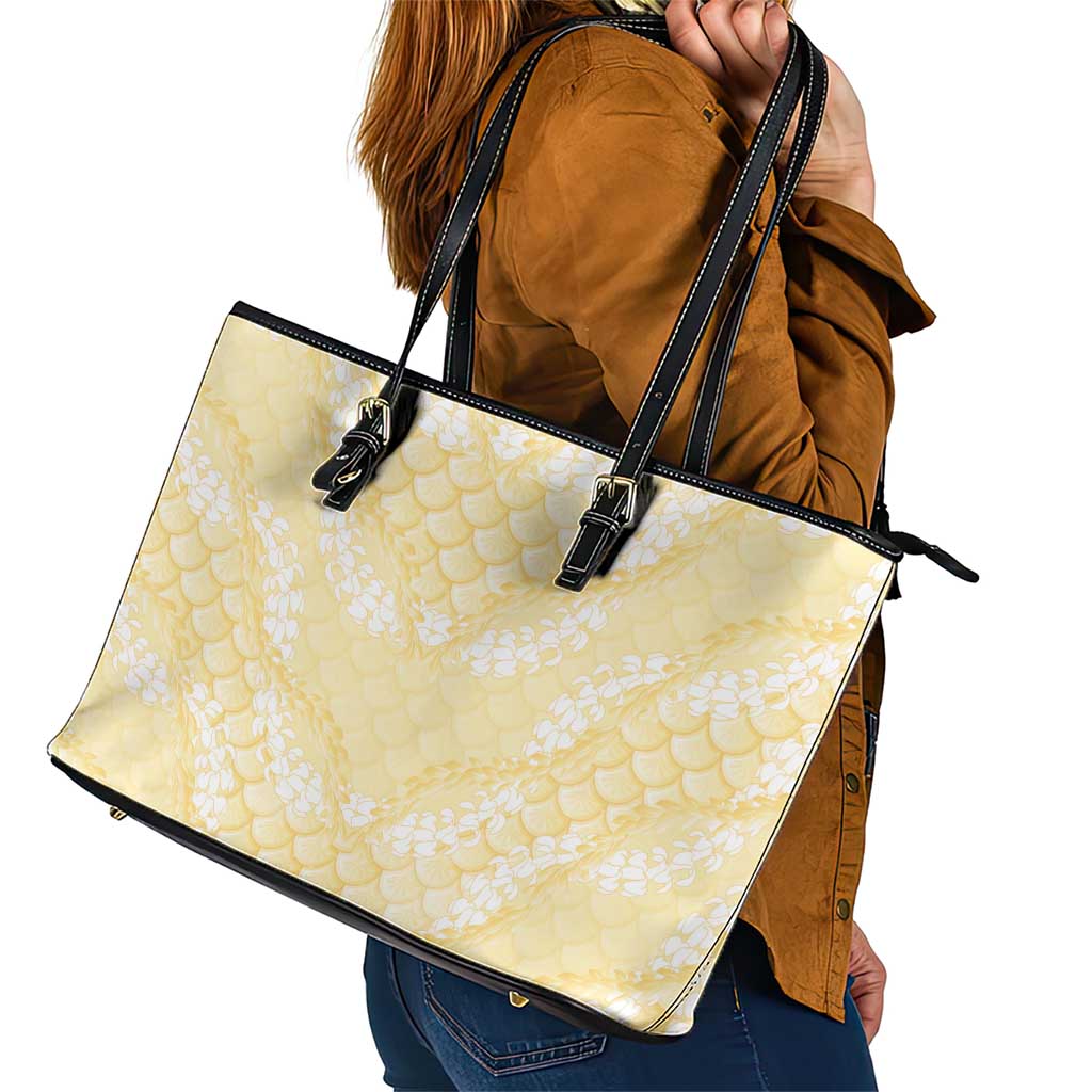 Pastel Yellow Mermaid Puakenikeni Maile Lei Leather Tote Bag