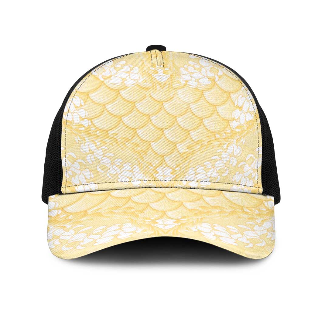 Pastel Yellow Mermaid Puakenikeni Maile Lei Mesh Trucker Cap