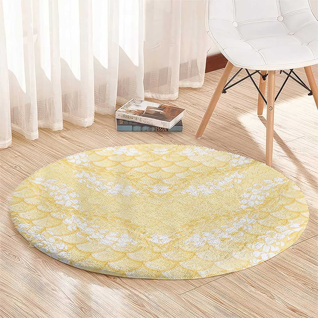 Pastel Yellow Mermaid Puakenikeni Maile Lei Round Carpet