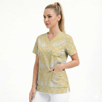 Pastel Yellow Mermaid Puakenikeni Maile Lei Scrub Top
