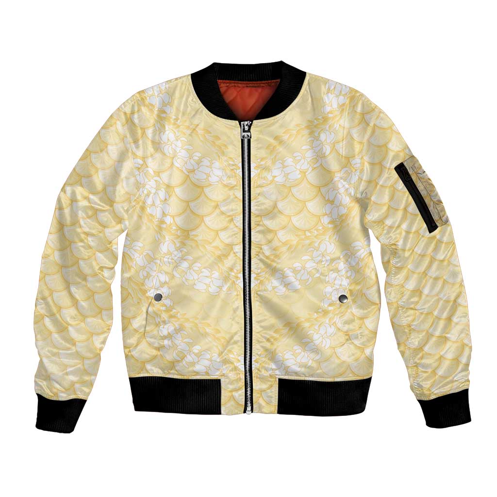 Pastel Yellow Mermaid Puakenikeni Maile Lei Sleeve Zip Bomber Jacket LT01 Unisex Yellow - Polynesian Pride