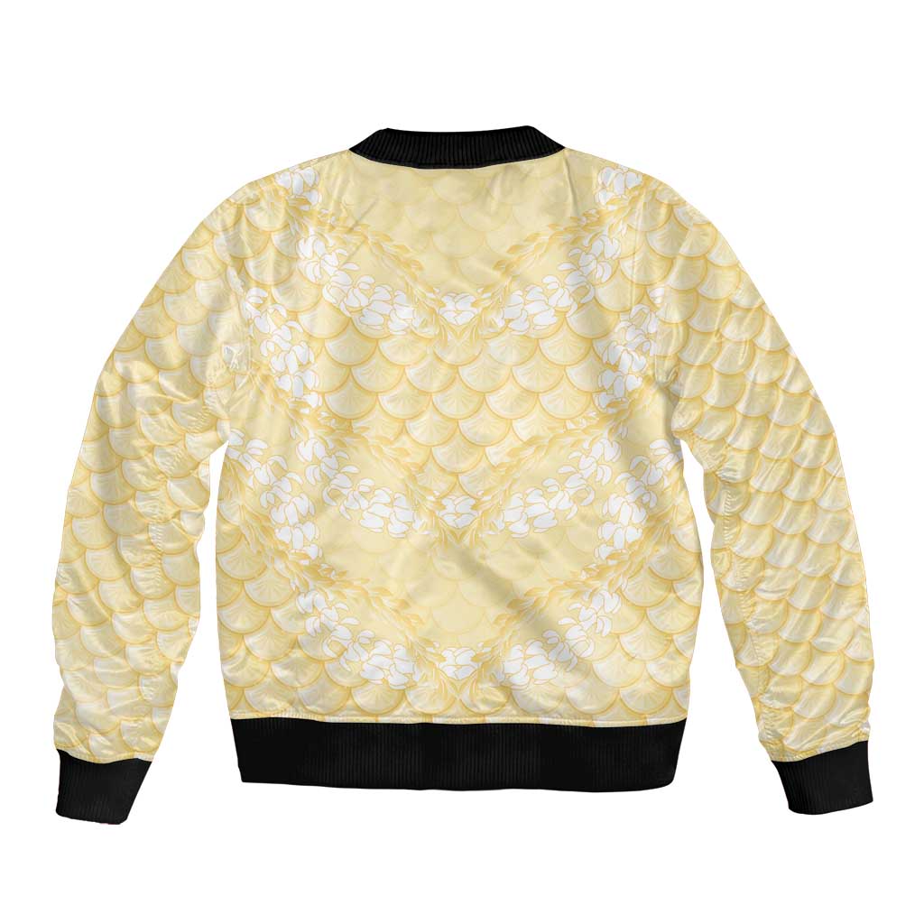 Pastel Yellow Mermaid Puakenikeni Maile Lei Sleeve Zip Bomber Jacket LT01 - Polynesian Pride