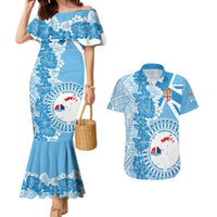 Personalised Fiji Day Couples Matching Mermaid Dress and Hawaiian Shirt Fijian Map Hibiscus Tapa Pattern LT01 Blue - Polynesian Pride