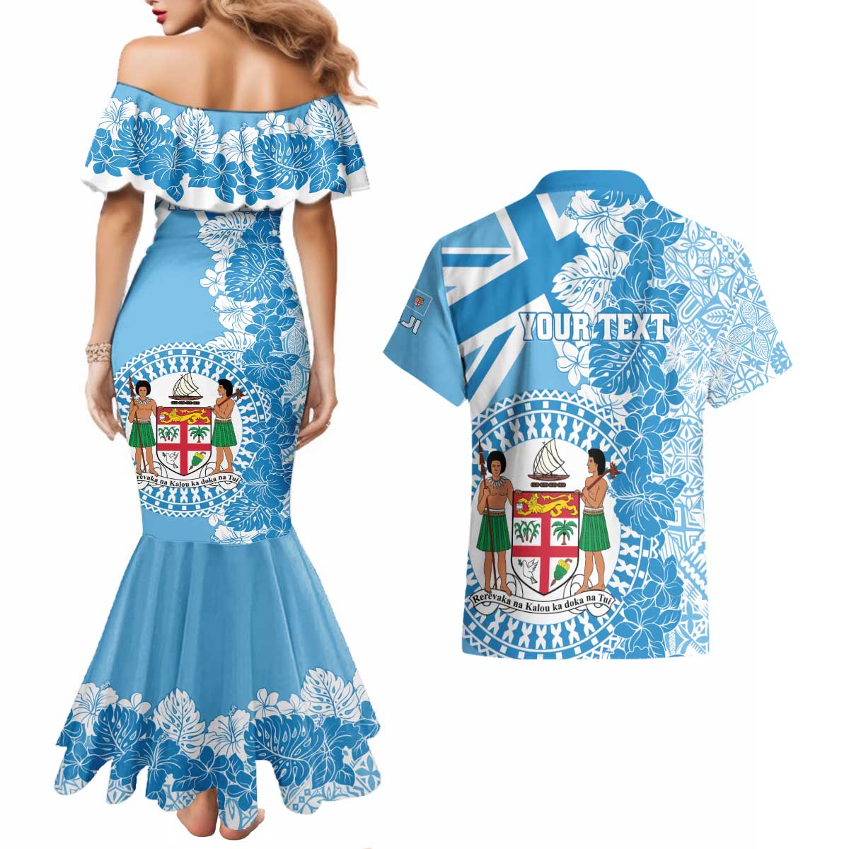 Personalised Fiji Day Couples Matching Mermaid Dress and Hawaiian Shirt Fijian Map Hibiscus Tapa Pattern LT01 - Polynesian Pride