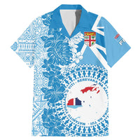 Personalised Fiji Day Family Matching Mermaid Dress and Hawaiian Shirt Fijian Map Hibiscus Tapa Pattern LT01 Dad's Shirt - Short Sleeve Blue - Polynesian Pride