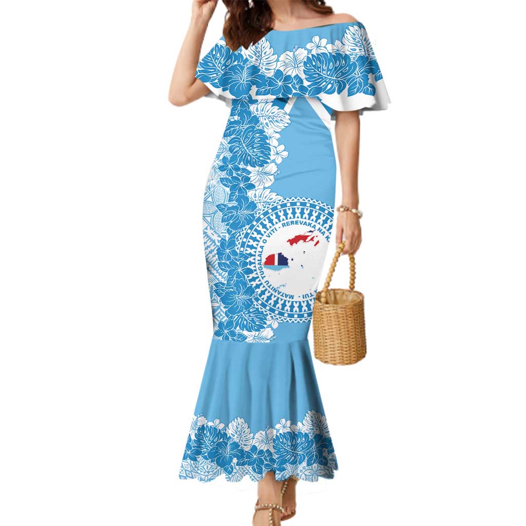 Personalised Fiji Day Family Matching Mermaid Dress and Hawaiian Shirt Fijian Map Hibiscus Tapa Pattern LT01 Mom's Dress Blue - Polynesian Pride