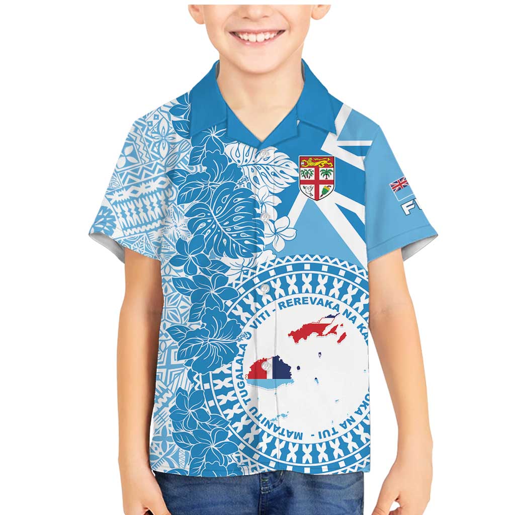 Personalised Fiji Day Family Matching Mermaid Dress and Hawaiian Shirt Fijian Map Hibiscus Tapa Pattern LT01 Son's Shirt Blue - Polynesian Pride