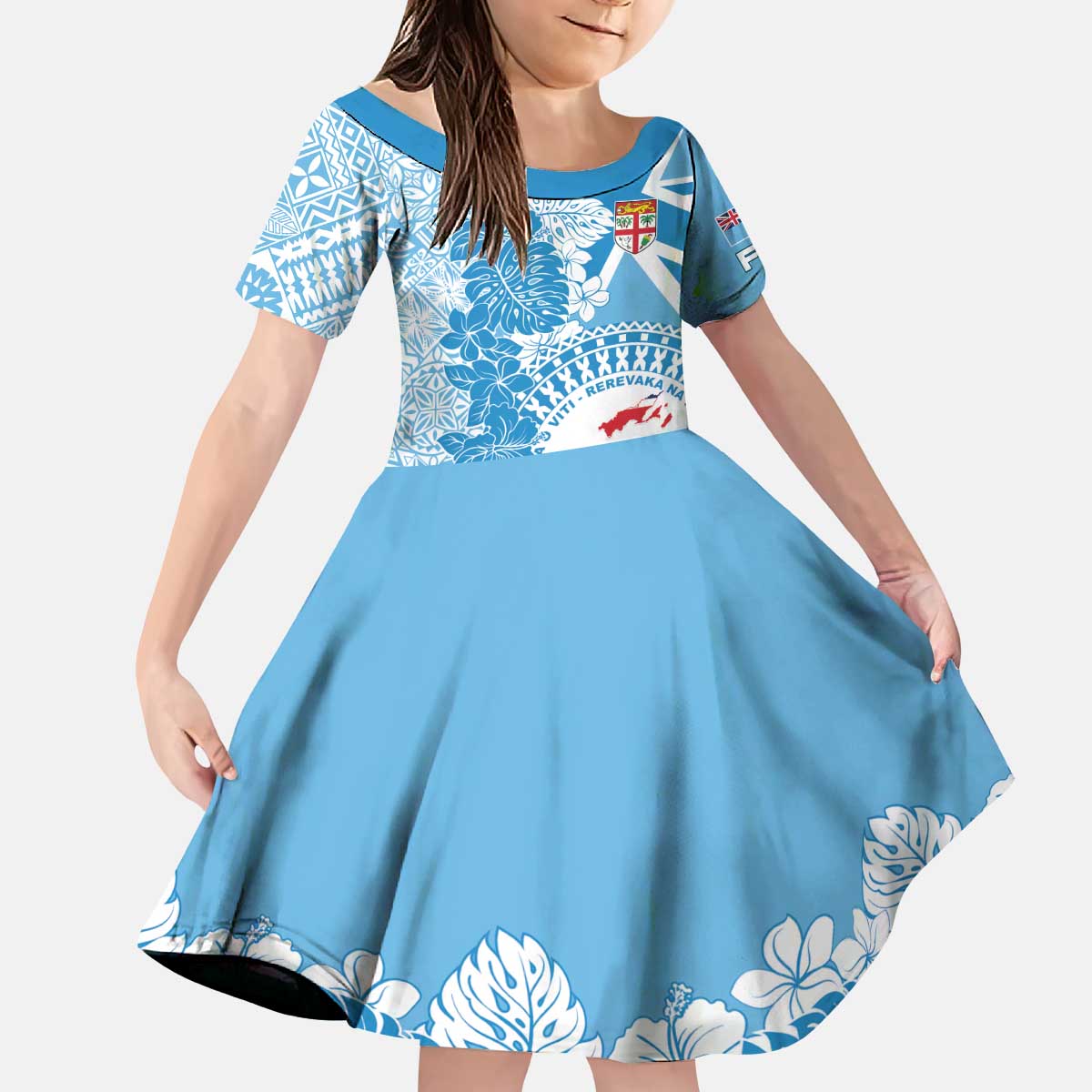 Personalised Fiji Day Family Matching Puletasi and Hawaiian Shirt Fijian Map Hibiscus Tapa Pattern LT01 Daughter's Dress Blue - Polynesian Pride