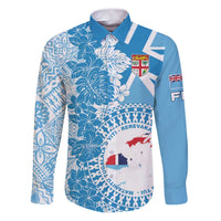 Personalised Fiji Day Family Matching Puletasi and Hawaiian Shirt Fijian Map Hibiscus Tapa Pattern LT01 Dad's Shirt - Long Sleeve Blue - Polynesian Pride