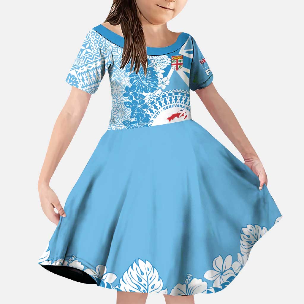 Personalised Fiji Day Family Matching Short Sleeve Bodycon Dress and Hawaiian Shirt Fijian Map Hibiscus Tapa Pattern LT01 Daughter's Dress Blue - Polynesian Pride