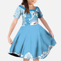 Personalised Fiji Day Family Matching Short Sleeve Bodycon Dress and Hawaiian Shirt Fijian Map Hibiscus Tapa Pattern LT01 Daughter's Dress Blue - Polynesian Pride