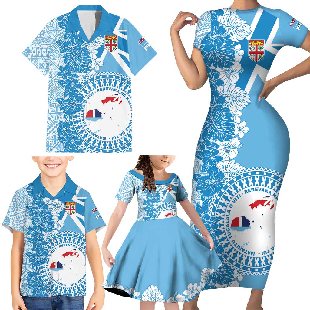 Personalised Fiji Day Family Matching Short Sleeve Bodycon Dress and Hawaiian Shirt Fijian Map Hibiscus Tapa Pattern LT01 - Polynesian Pride