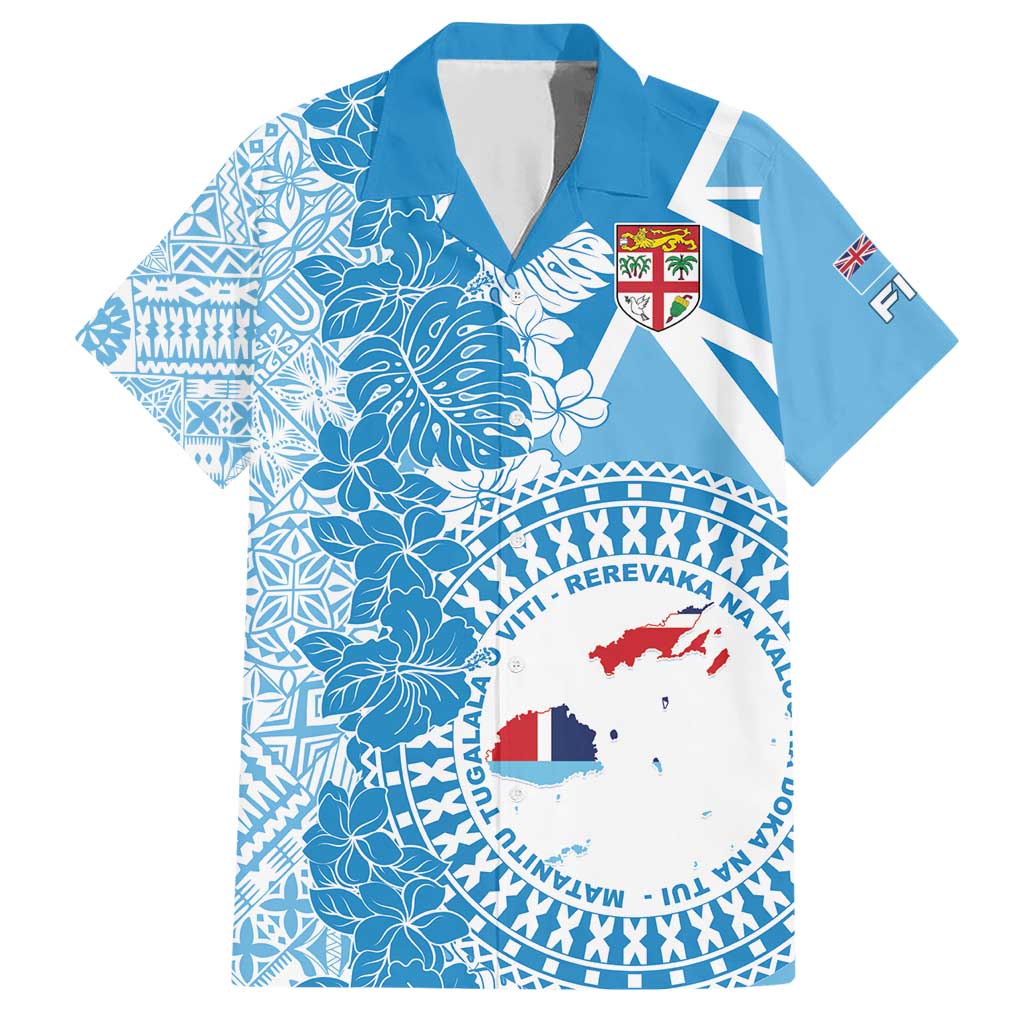 Personalised Fiji Day Family Matching Short Sleeve Bodycon Dress and Hawaiian Shirt Fijian Map Hibiscus Tapa Pattern LT01 Dad's Shirt - Short Sleeve Blue - Polynesian Pride
