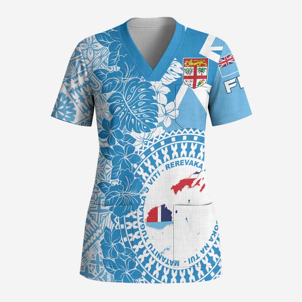 Personalised Fiji Day Scrub Top Fijian Map Hibiscus Tapa Pattern - Polynesian Pride
