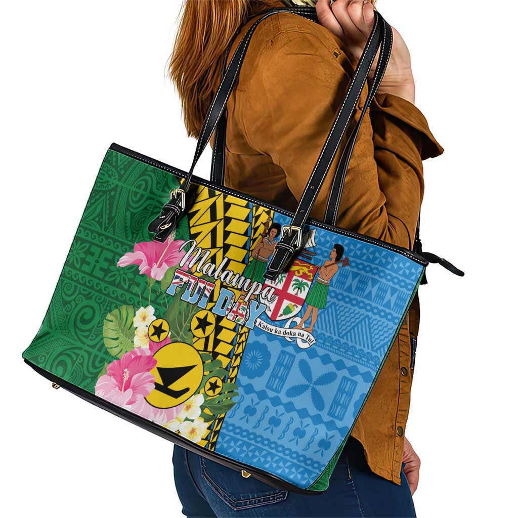 Malampa Fiji Day Leather Tote Bag Tropical Tapa Pattern