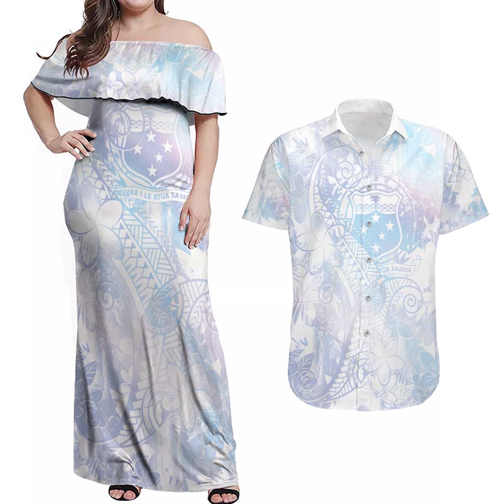 Samoa White Sunday Couples Matching Off Shoulder Maxi Dress and Hawaiian Shirt Sweet Pastel Plumeria Floral