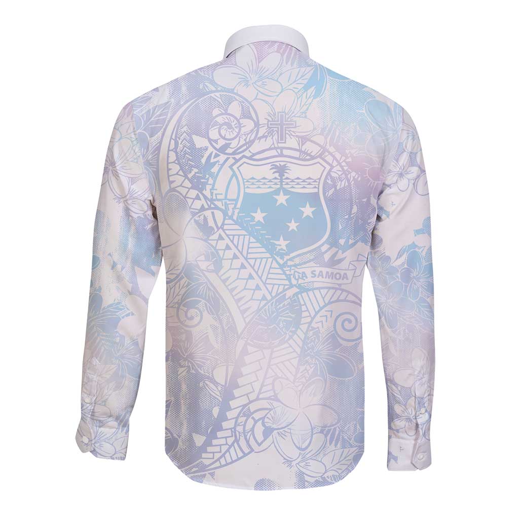 Samoa White Sunday Long Sleeve Button Shirt Sweet Pastel Plumeria Floral